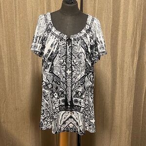 Energe World Wear Women's White Black Floral Boho Peasant Tunic Blouse 2X NWT
